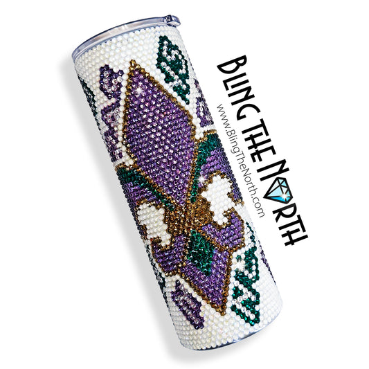 MARDI GRAS Fleur-de-lis New Orleans Rhinestone Tumbler | 24oz Plump Straight | Custom Bling Design | Glass Rhinestones | Straw Incl | Beehive Bumble
