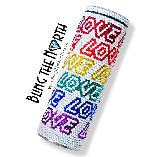 LOVE IS LOVE Rhinestone Tumbler | 20oz Slurp Straight | Bling the North | Custom Bling Design | Glass Rhinestones | Straw | LGBTQ Pride
