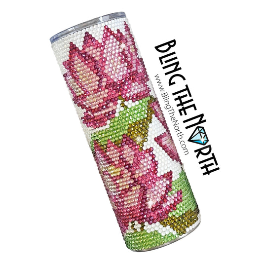 PINK LOTUS Rhinestone Tumbler | 20oz Skinny Straight | Custom Bling Design | Glass Rhinestones | Straw Incl