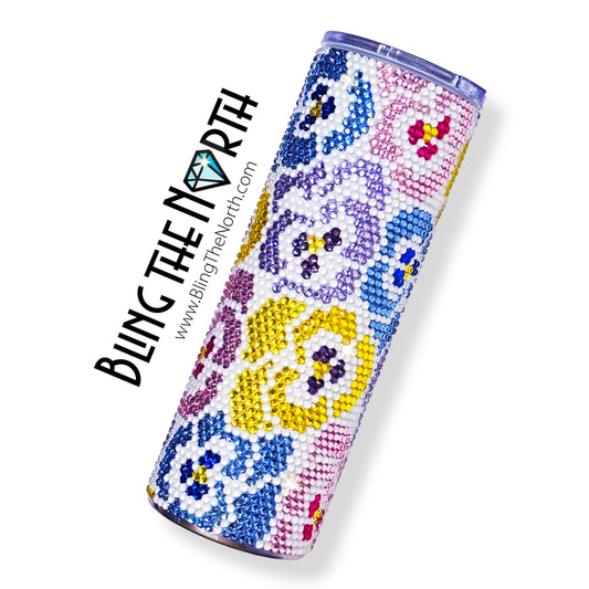 POP ART PANSIES Rhinestone Tumbler | 20oz Skinny Straight | Custom Bling Design | Glass Rhinestones | Straw | Summer Flowers