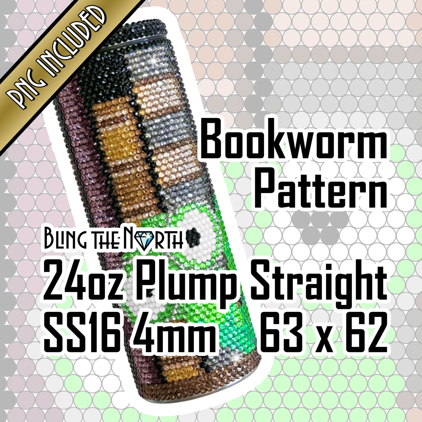 BOOKWORM Rhinestone Pattern Template | SS16 4mm - 24oz Plump Straight Tumbler Design | PNG for Sublimation or Vinyl