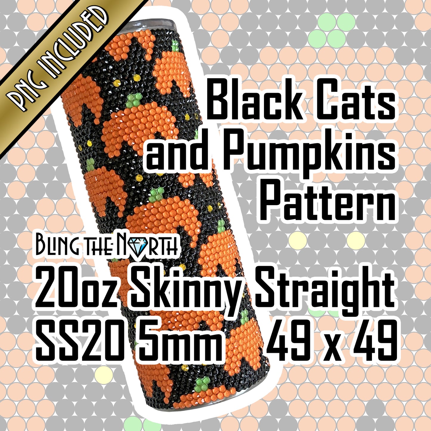 BLACK CATS and PUMPKINS Rhinestone Pattern Template | SS20 5mm - 20oz Straight Skinny Tumbler Design | PNG for Sublimation or Vinyl