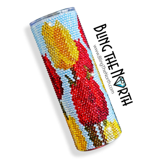 SIGNS OF SPRING Rhinestone Tumbler | 20oz Skinny Straight | Custom Bling Design | Glass Rhinestones | Tulips | Straw Incl