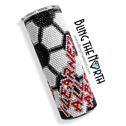 SOCCER LIFE Rhinestone Tumbler | 20oz Skinny Straight | Custom Bling Design | Glass Rhinestones | Straw Incl