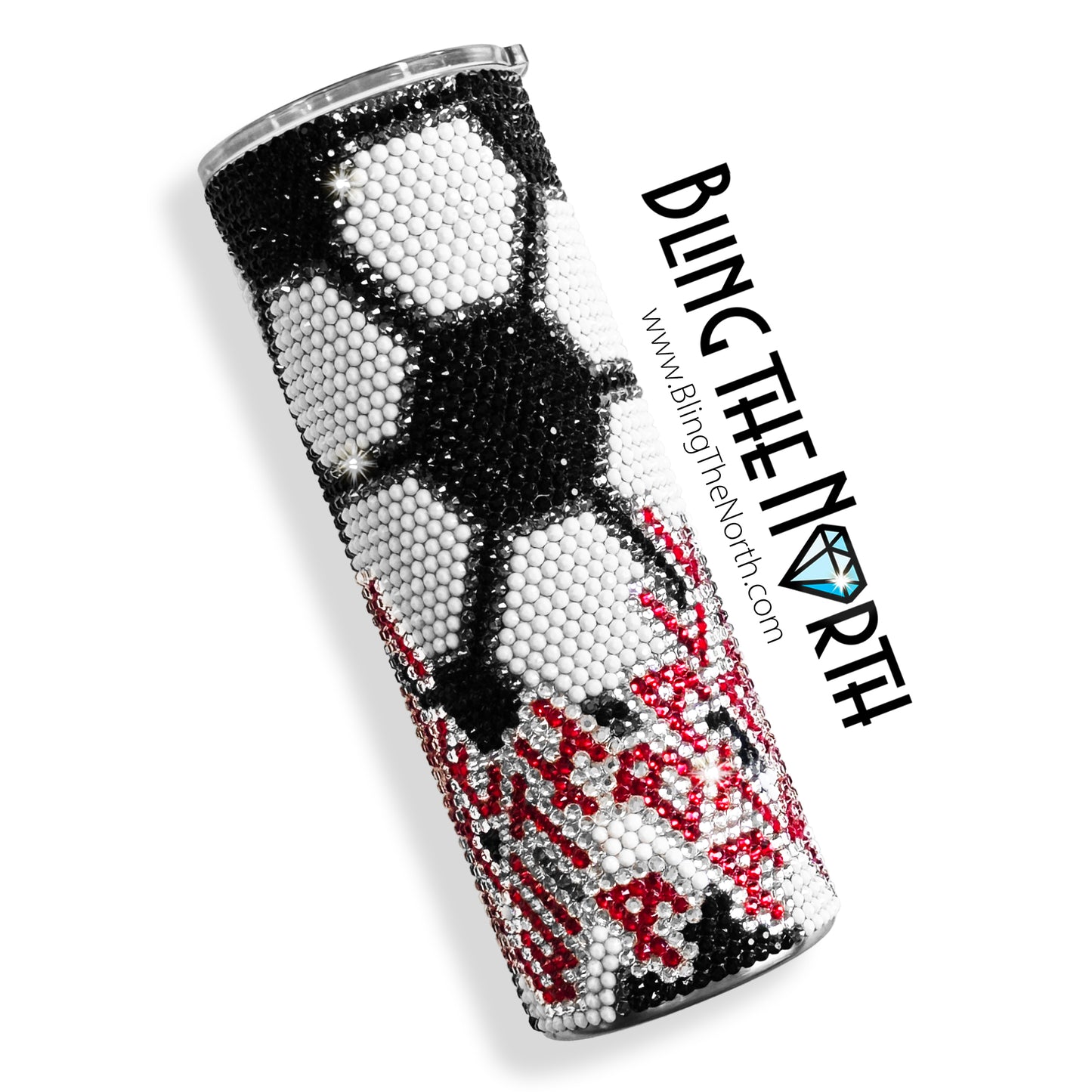 SOCCER LIFE Rhinestone Tumbler | 20oz Skinny Straight | Custom Bling Design | Glass Rhinestones | Straw Incl