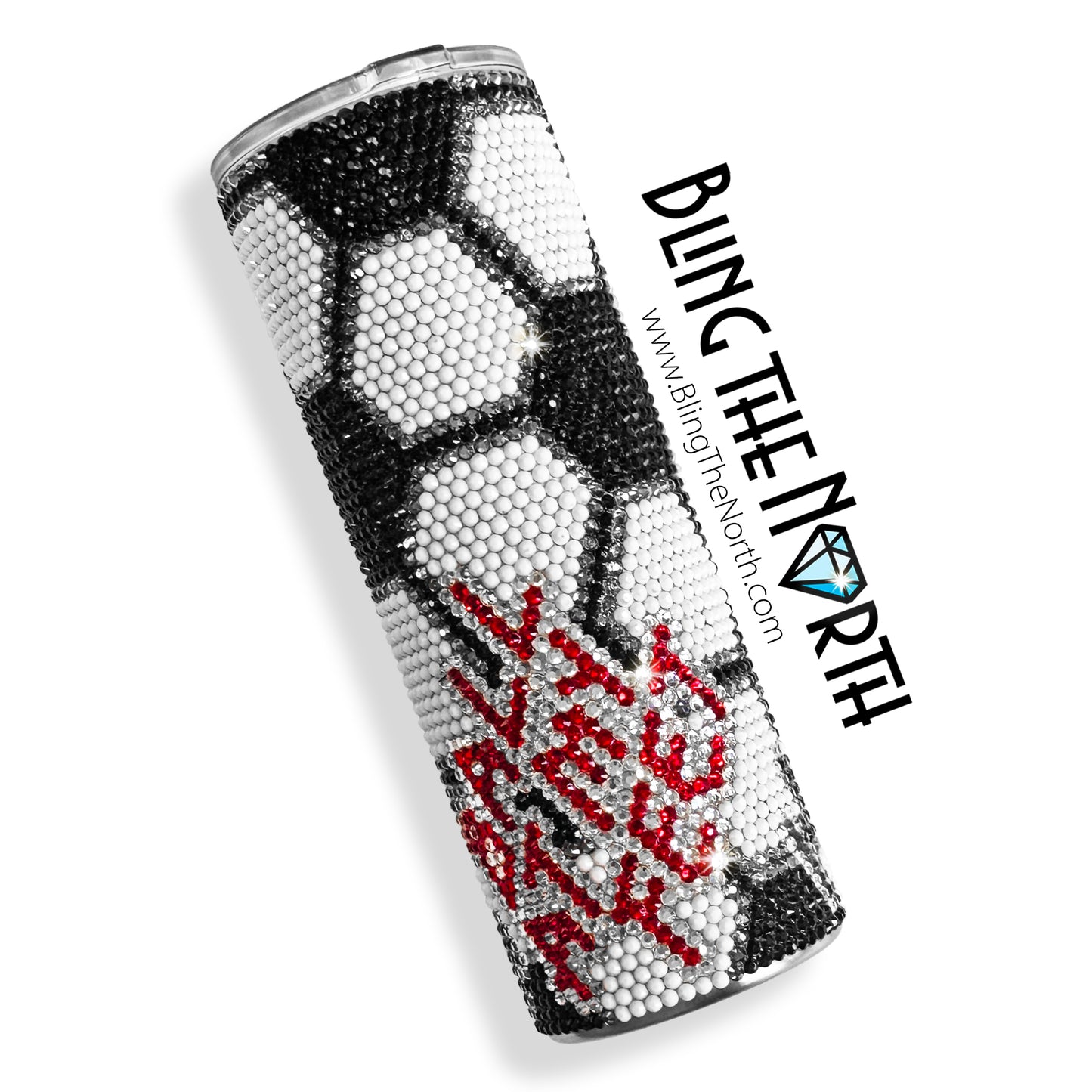 SOCCER LIFE Rhinestone Tumbler | 20oz Skinny Straight | Custom Bling Design | Glass Rhinestones | Straw Incl