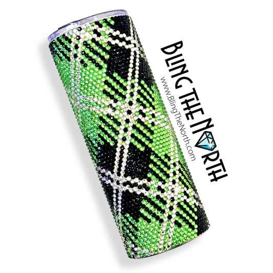 PERIDOT TARTAN Rhinestone Tumbler | 24oz Plump Straight | Custom Bling Design | Glass Rhinestones | Straw Incl | Green Plaid